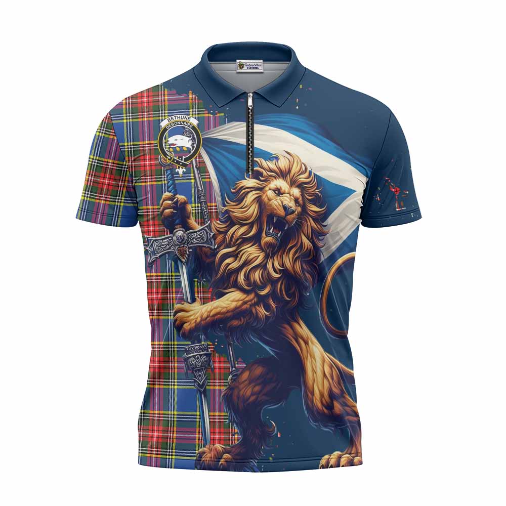 Tartan Vibes Clothing Bethune Tartan Family Crest Zipper Polo Shirt with Scottish Majestic Lion