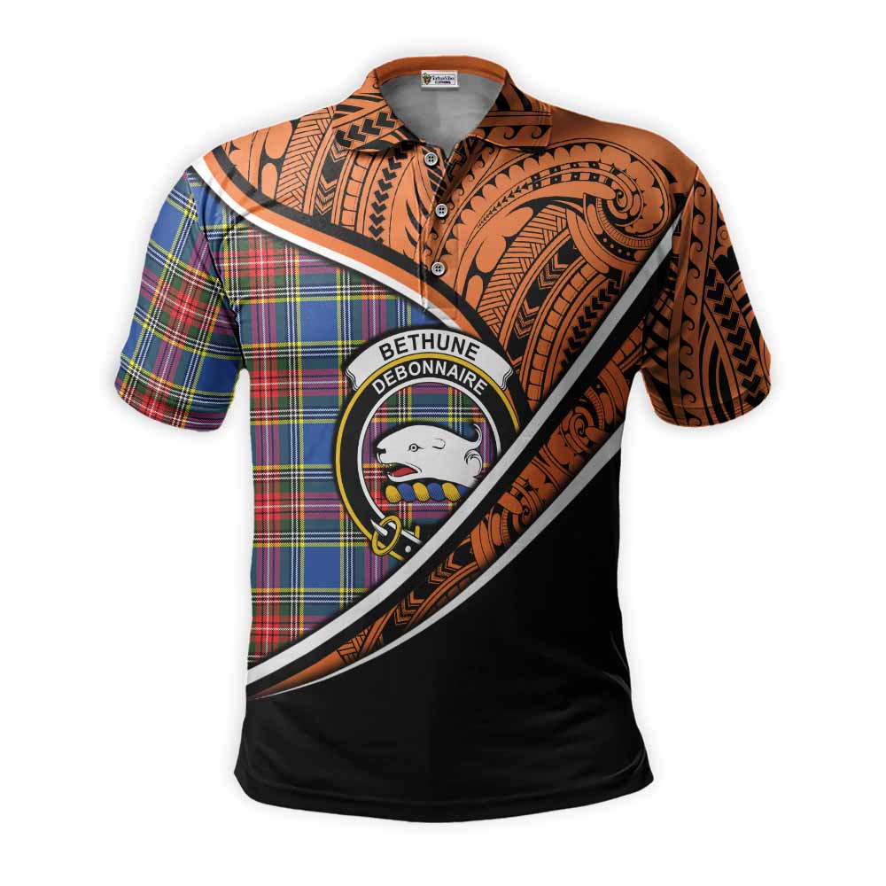 Tartan Vibes Clothing Bethune Crest Tartan Polo Shirt with Maori Tattoo Style - Orange Version