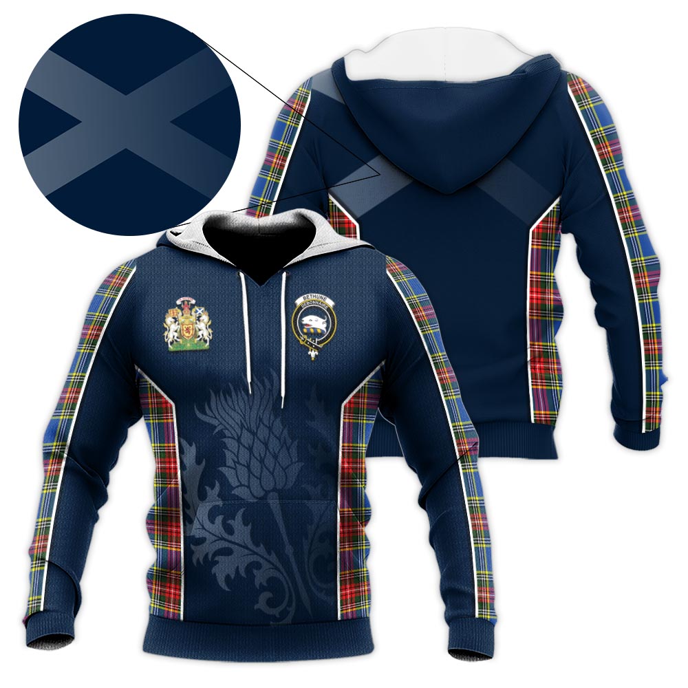 Tartan Vibes Clothing Bethune Tartan Knitted Hoodie with Family Crest and Scottish Thistle Vibes Sport Style