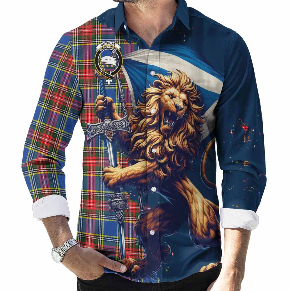 Tartan Vibes Clothing Bethune Tartan Family Crest Long Sleeve Button Shirt with Scottish Majestic Lion