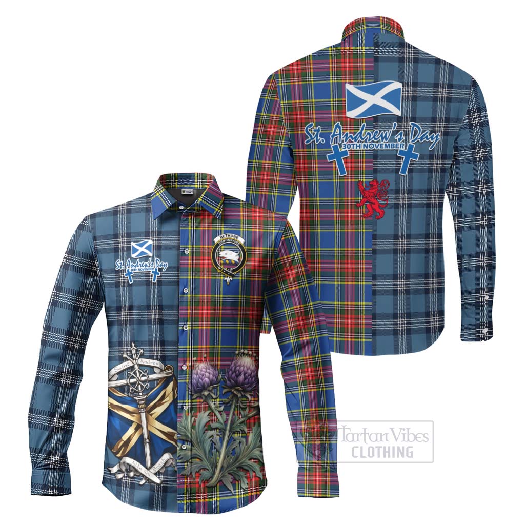 Tartan Vibes Clothing Bethune Tartan Long Sleeve Button Shirt Happy St. Andrew's Day Half Tartan Style