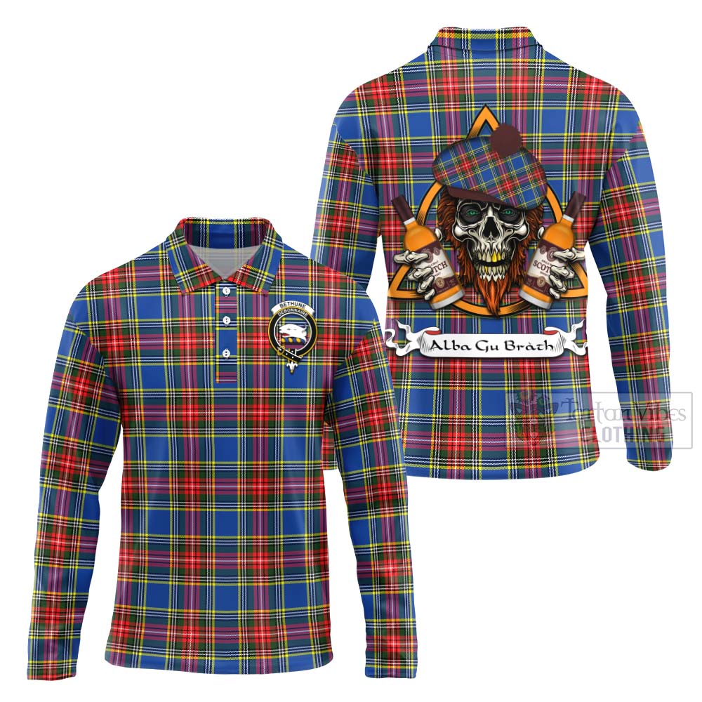 Tartan Vibes Clothing Bethune Tartan Long Sleeve Polo Shirt with Family Crest and Bearded Skull Holding Bottles of Whiskey