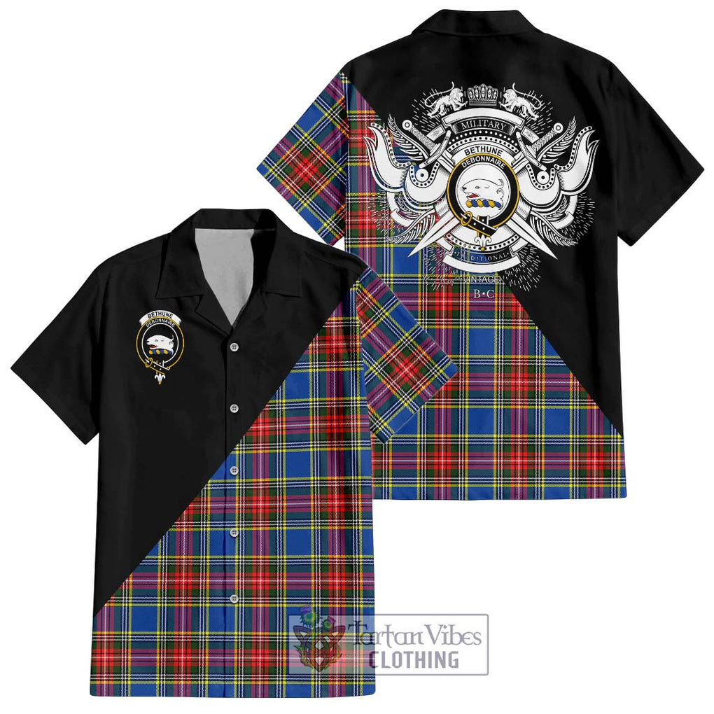 Bethune Tartan Short Sleeve Button Shirt with Family Crest and Military Logo Style Kid - Tartanvibesclothing Shop