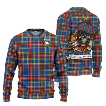 Bethune Tartan Ugly Sweater with Family Crest and Bearded Skull Holding Bottles of Whiskey