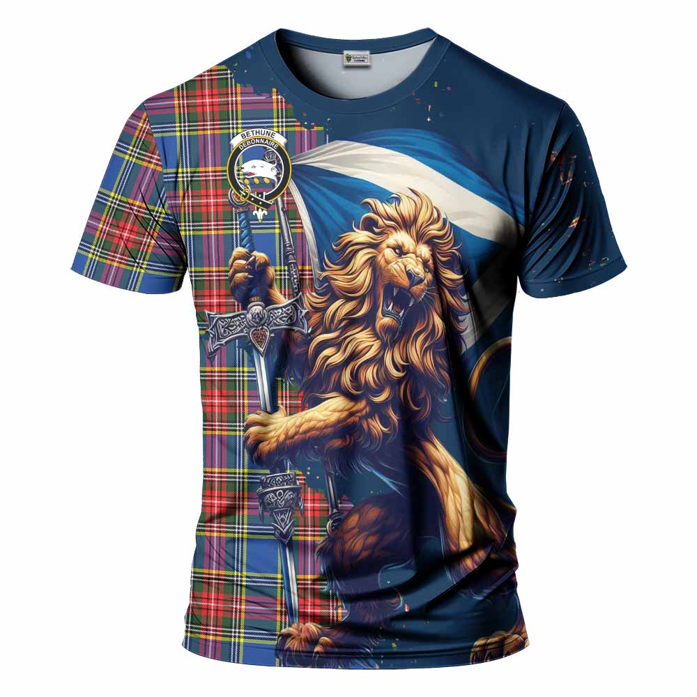 Tartan Vibes Clothing Bethune Tartan Family Crest T-Shirt with Scottish Majestic Lion