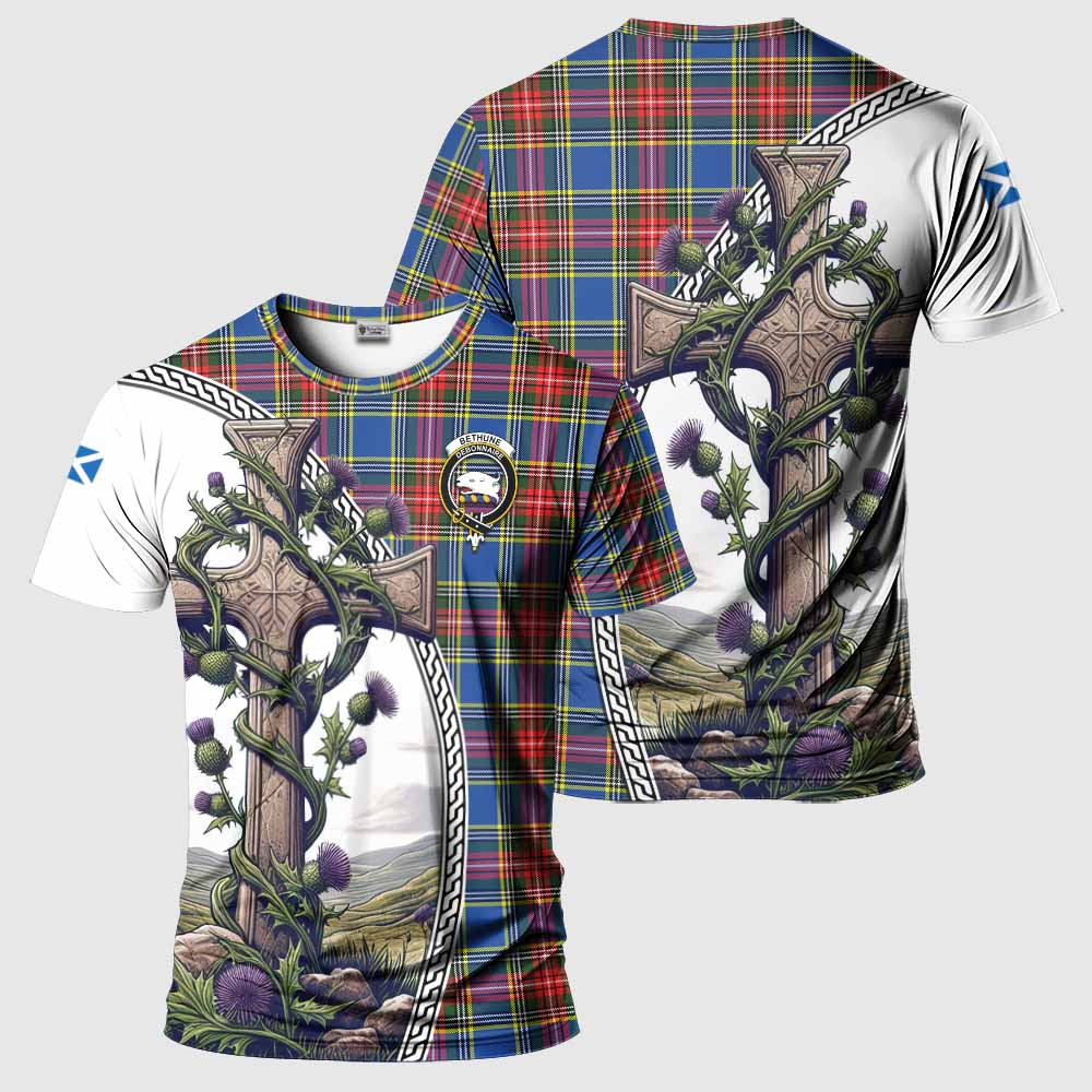 Tartan Vibes Clothing Bethune Agnew Tartan T-Shirt with Family Crest and St. Andrew's Cross Accented by Thistle Vines