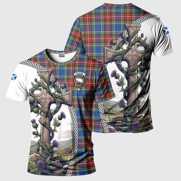 Bethune Tartan T-Shirt with Family Crest and St. Andrew's Cross Accented by Thistle Vines