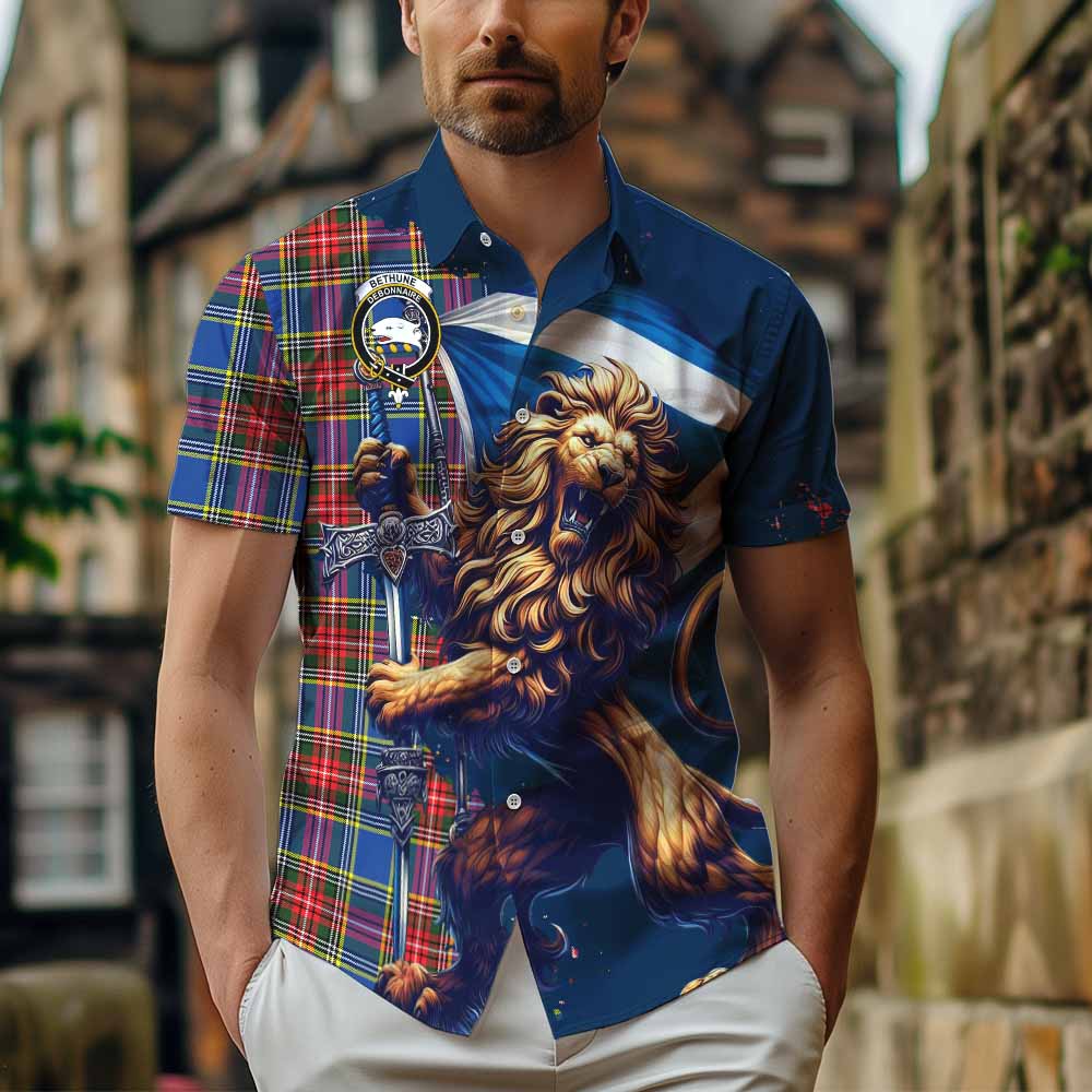 Tartan Vibes Clothing Bethune Tartan Family Crest Short Sleeve Button Shirt with Scottish Majestic Lion