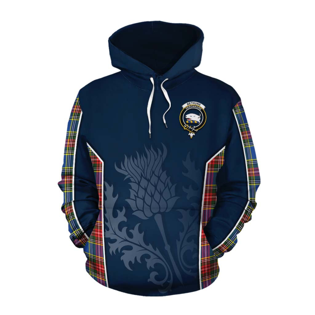 Tartan Vibes Clothing Bethune Tartan Cotton Hoodie with Family Crest and Scottish Thistle Vibes Sport Style