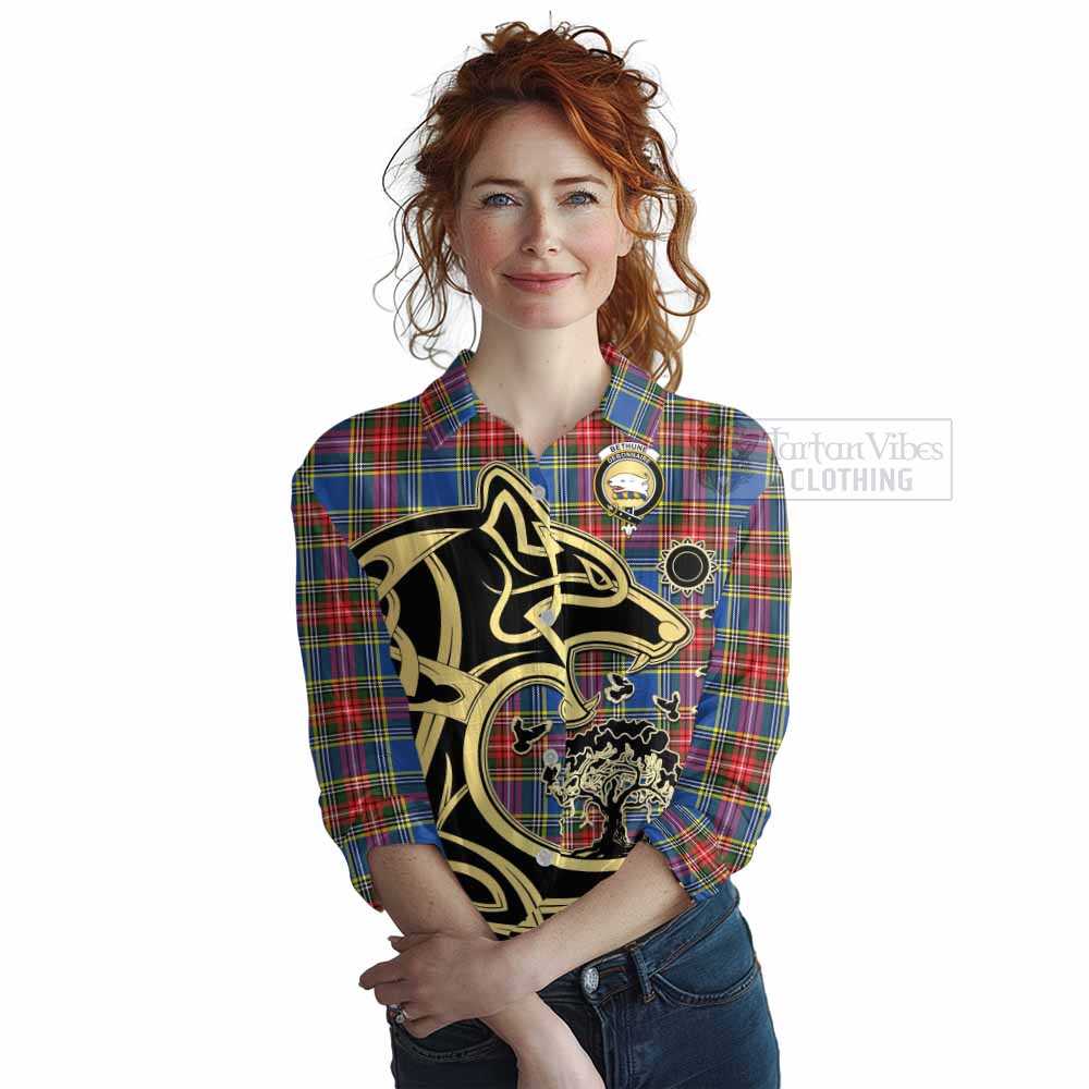 Tartan Vibes Clothing Bethune Tartan Women's Casual Shirt with Family Crest Celtic Wolf Style