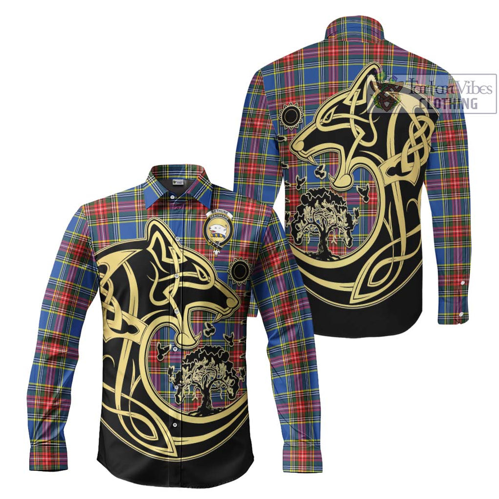 Bethune Tartan Long Sleeve Button Shirt with Family Crest Celtic Wolf Style Men's Shirt S - Tartan Vibes Clothing