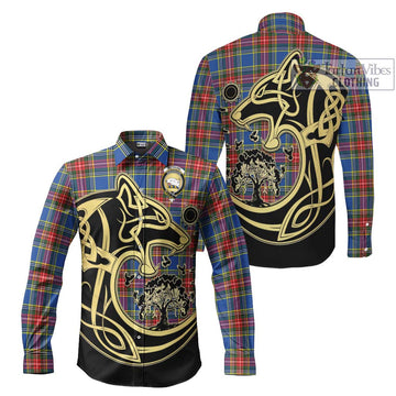 Bethune Tartan Long Sleeve Button Shirt with Family Crest Celtic Wolf Style