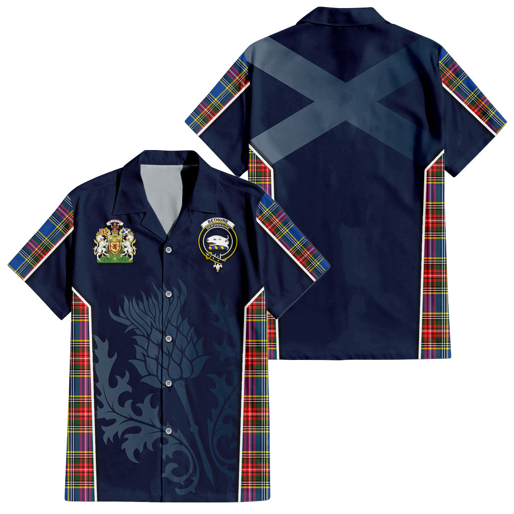 Tartan Vibes Clothing Bethune Tartan Short Sleeve Button Up Shirt with Family Crest and Scottish Thistle Vibes Sport Style