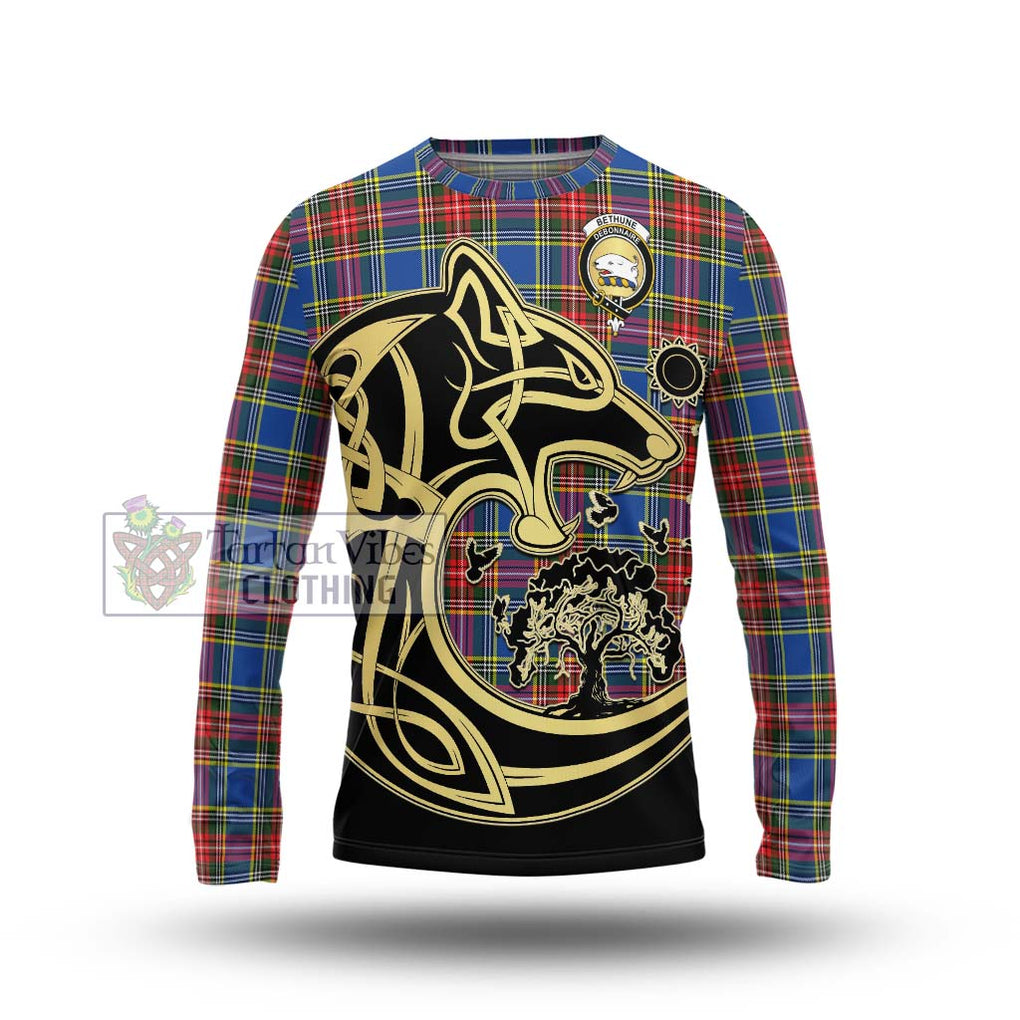 Bethune Tartan Long Sleeve T-Shirt with Family Crest Celtic Wolf Style Unisex - Tartan Vibes Clothing