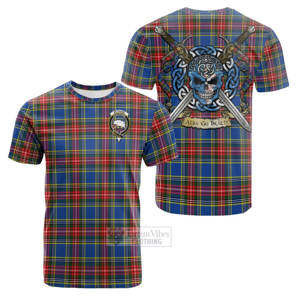 Tartan Vibes Clothing Bethune Tartan Cotton T-shirt with Family Crest Celtic Skull Style