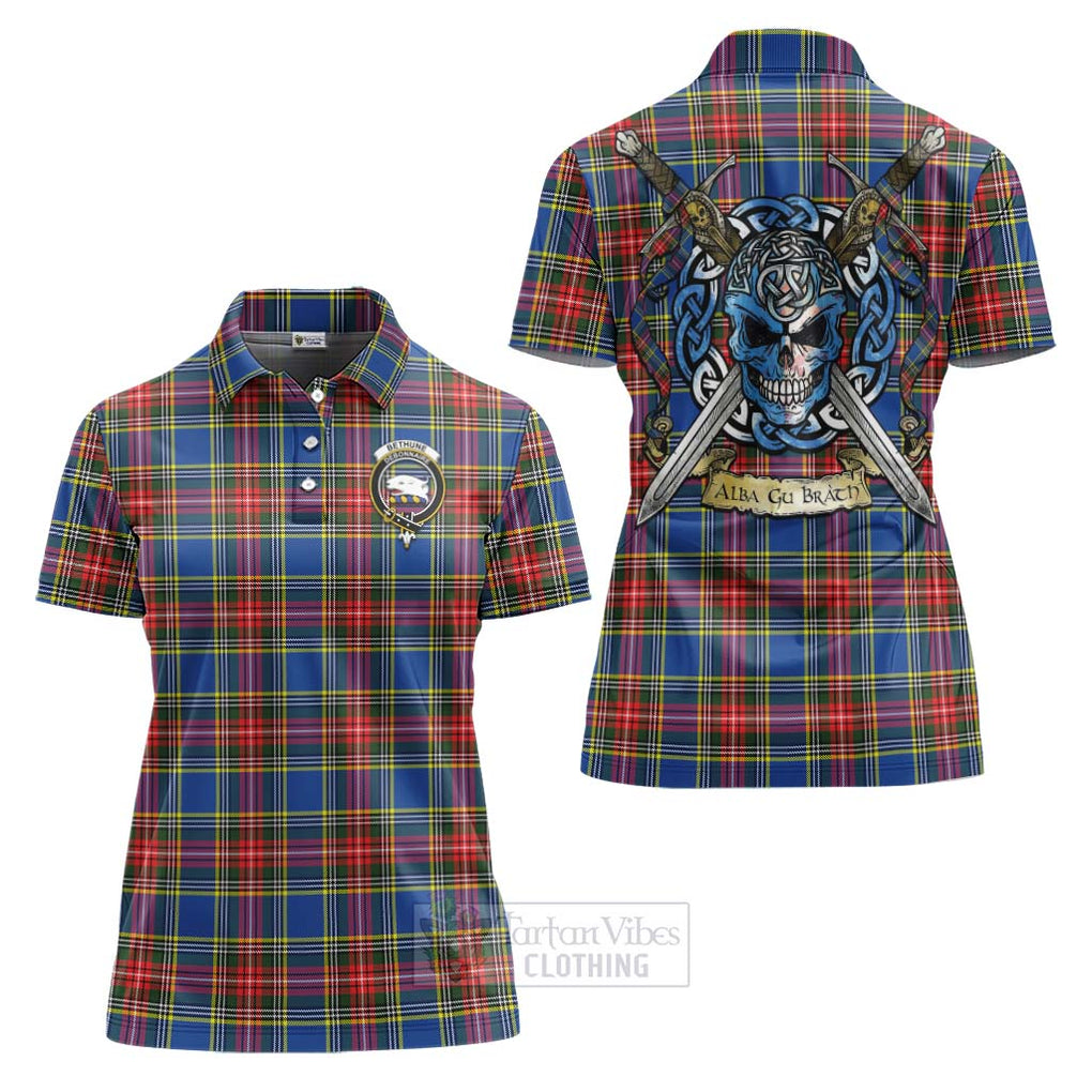 Tartan Vibes Clothing Bethune Tartan Women's Polo Shirt with Family Crest Celtic Skull Style