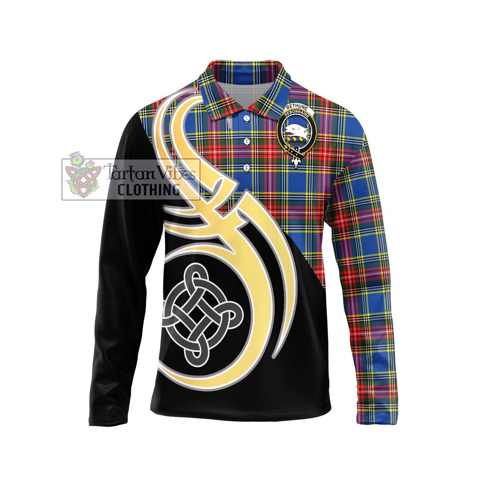 Bethune Tartan Long Sleeve Polo Shirt with Family Crest and Celtic Symbol Style Unisex - Tartan Vibes Clothing