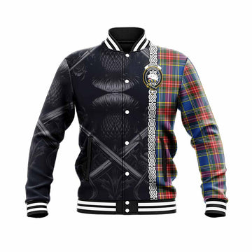 Bethune Tartan Baseball Jacket with Family Crest Cross Sword Thistle Celtic Vibes