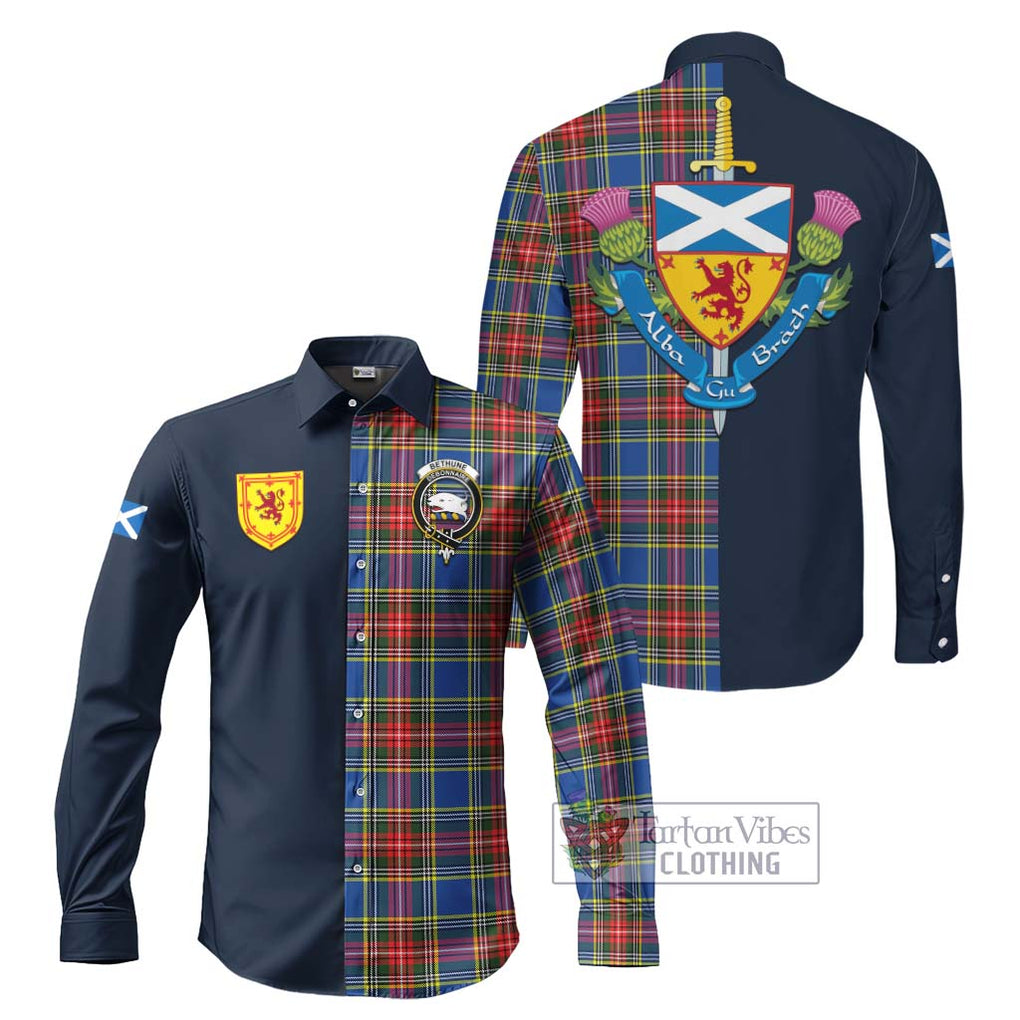 Tartan Vibes Clothing Bethune Tartan Long Sleeve Button Shirt with Scottish Lion Royal Arm Half Style