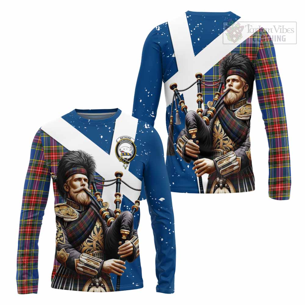 Tartan Vibes Clothing Bethune Tartan Long Sleeve T-Shirt with Family Crest Scottish Bagpiper Vibes