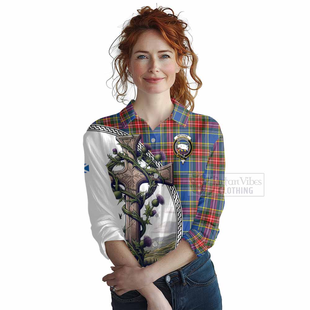 Tartan Vibes Clothing Bethune Tartan Women's Casual Shirt with Family Crest and St. Andrew's Cross Accented by Thistle Vines