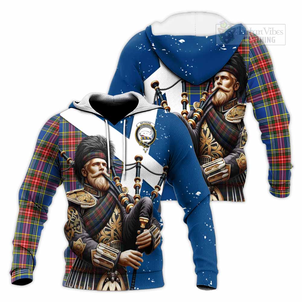 Tartan Vibes Clothing Bethune Tartan Knitted Hoodie with Family Crest Scottish Bagpiper Vibes