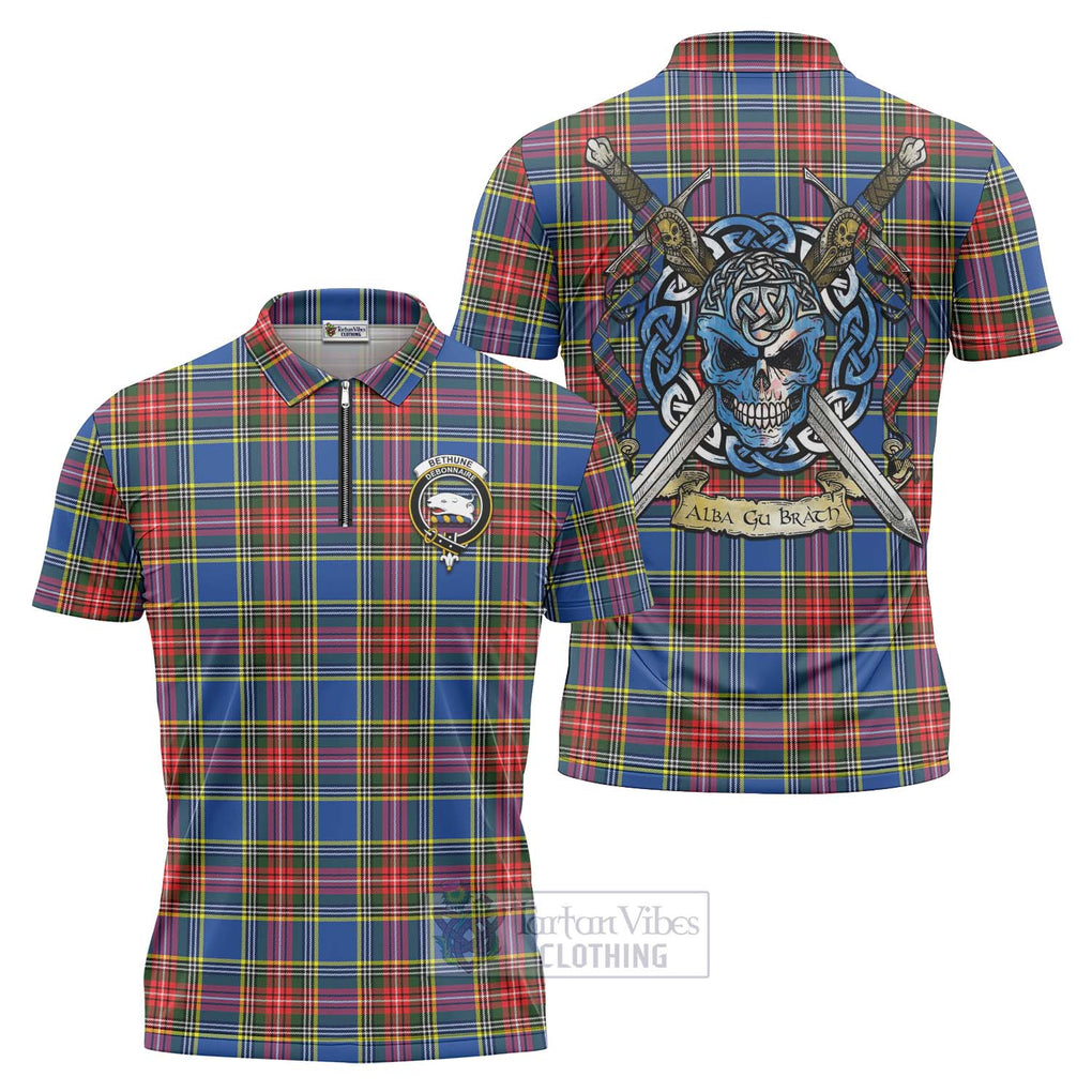 Tartan Vibes Clothing Bethune Tartan Zipper Polo Shirt with Family Crest Celtic Skull Style