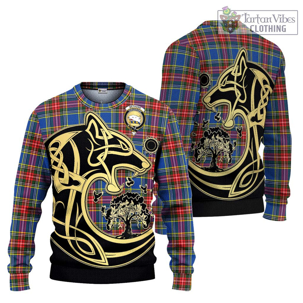 Bethune Tartan Knitted Sweater with Family Crest Celtic Wolf Style Unisex - Tartan Vibes Clothing