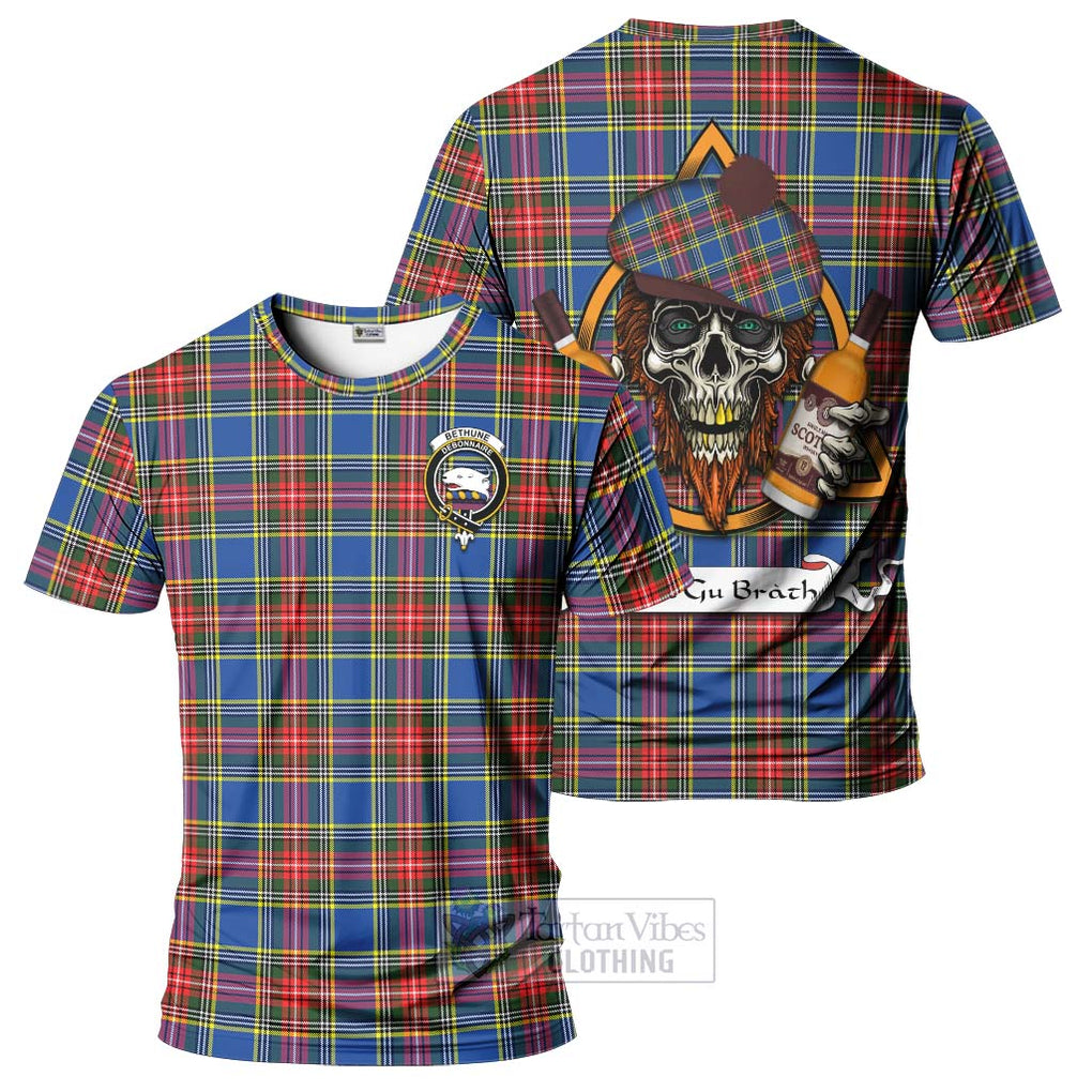 Tartan Vibes Clothing Bethune Tartan T-Shirt with Family Crest and Bearded Skull Holding Bottles of Whiskey