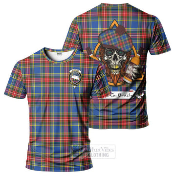 Bethune Tartan T-Shirt with Family Crest and Bearded Skull Holding Bottles of Whiskey