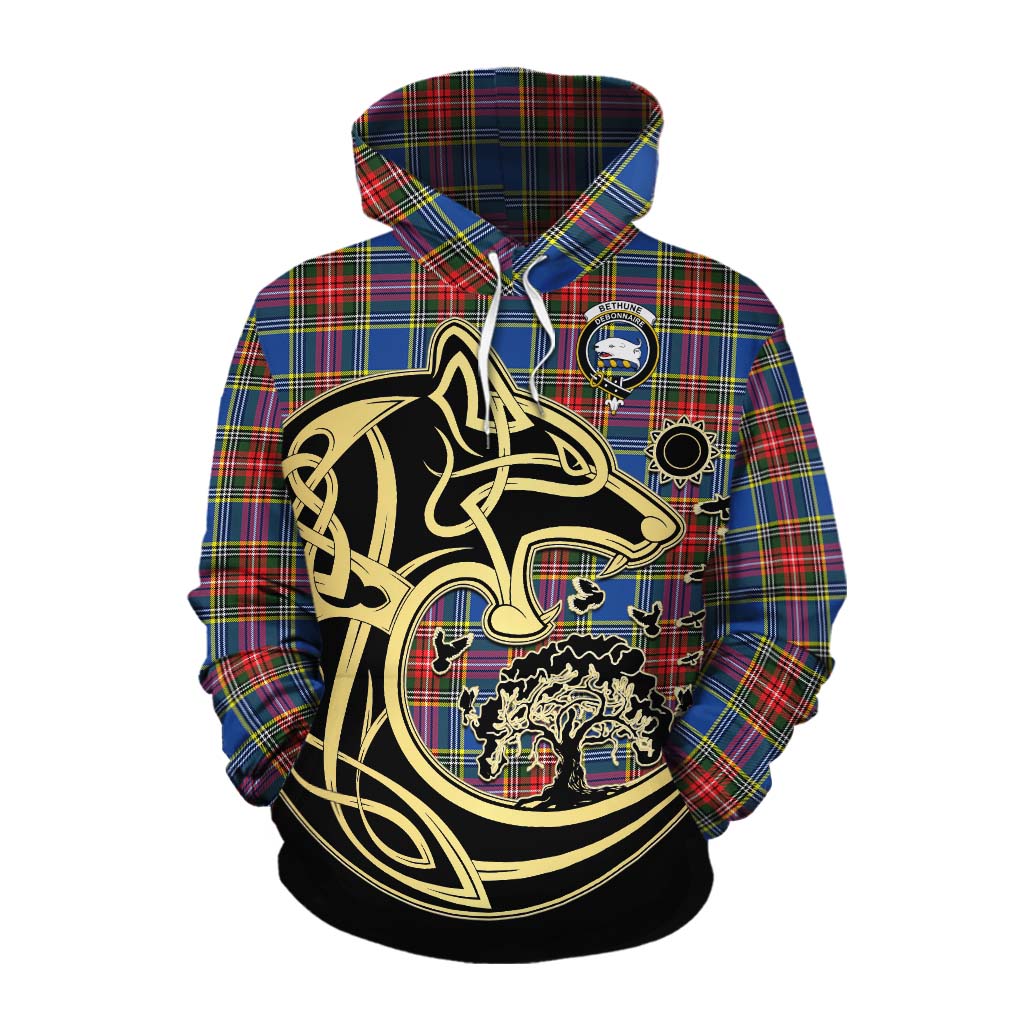 Tartan Vibes Clothing Bethune Tartan Cotton Hoodie with Family Crest Celtic Wolf Style