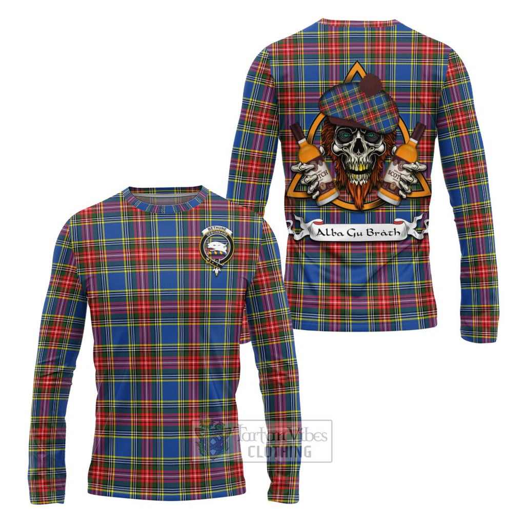 Tartan Vibes Clothing Bethune Tartan Long Sleeve T-Shirt with Family Crest and Bearded Skull Holding Bottles of Whiskey