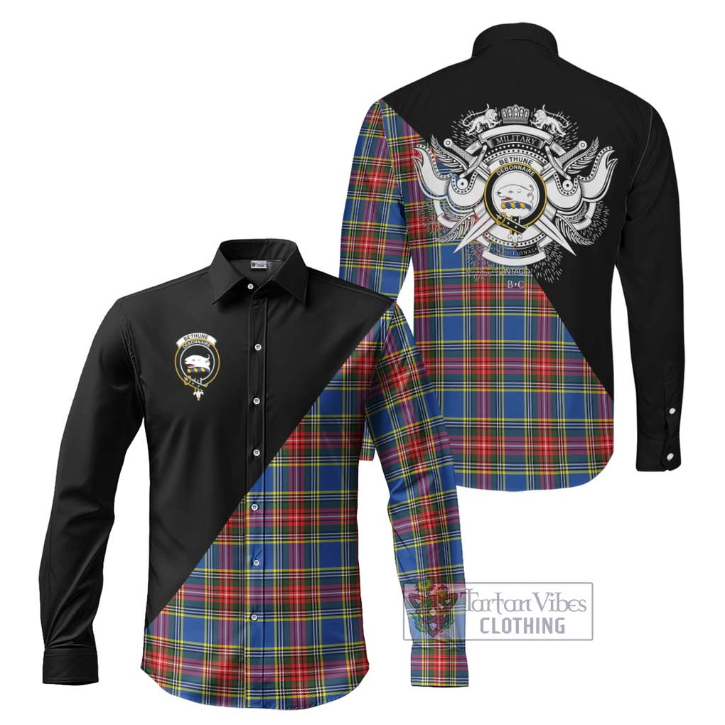 Bethune Tartan Long Sleeve Button Shirt with Family Crest and Military Logo Style Men's Shirt S - Tartanvibesclothing Shop