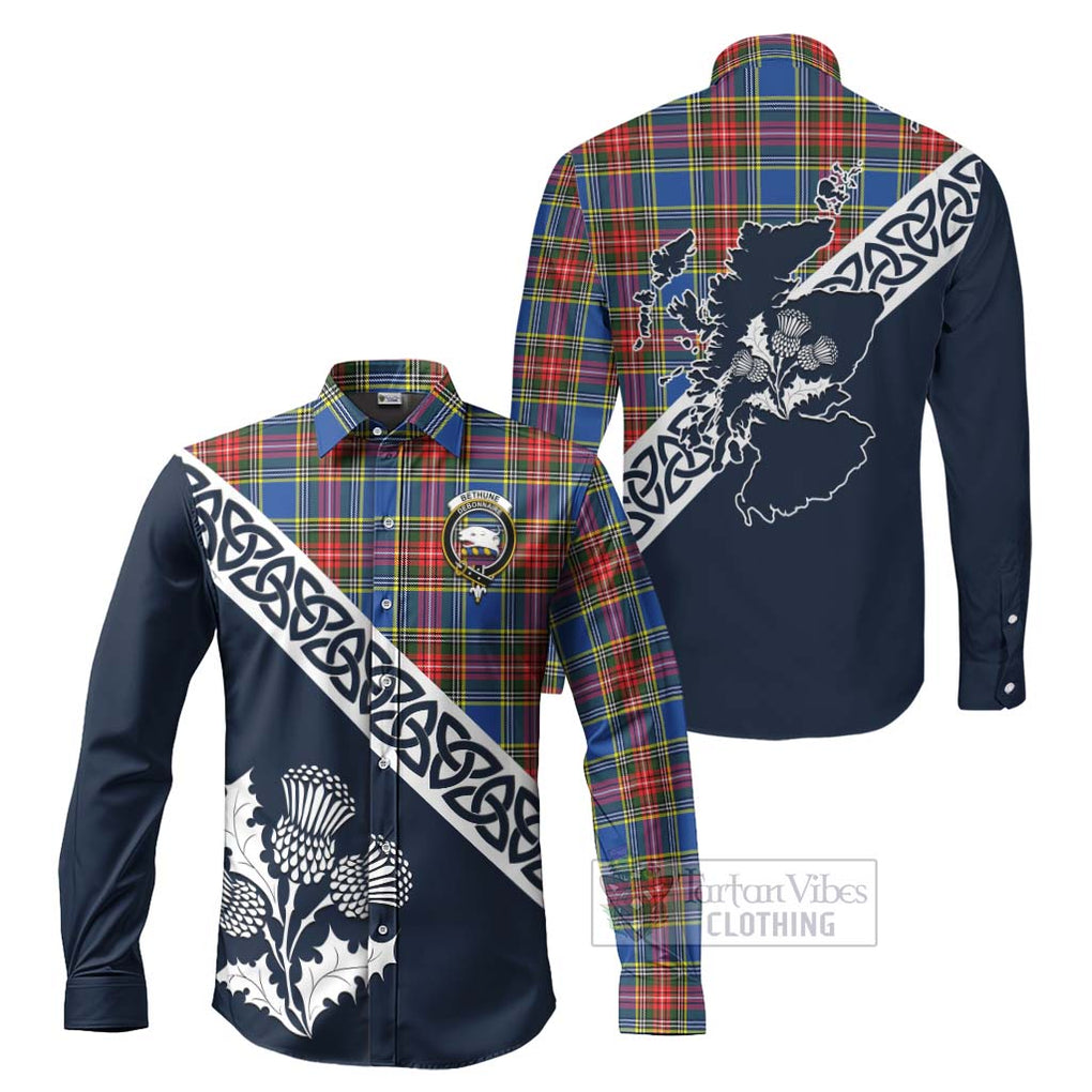 Tartan Vibes Clothing Bethune Tartan Long Sleeve Button Shirt Featuring Thistle and Scotland Map