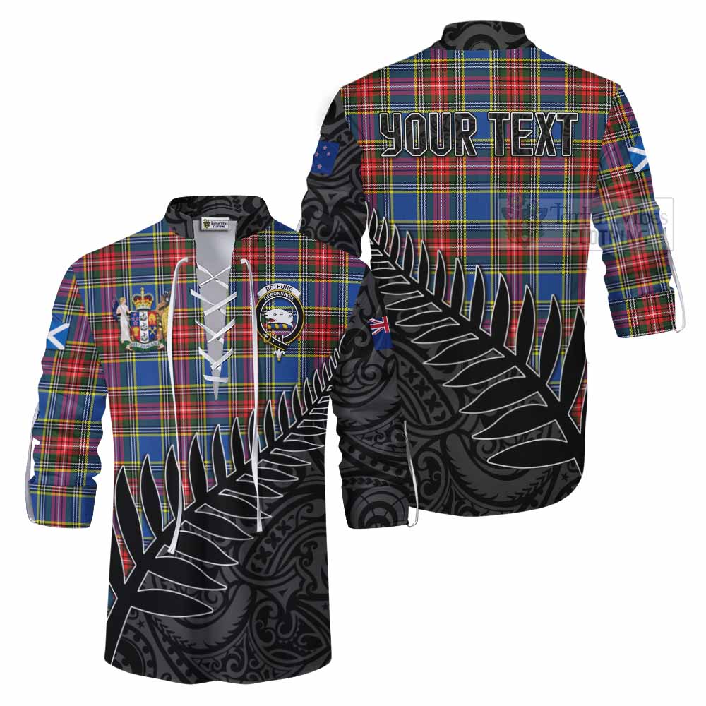 Tartan Vibes Clothing Bethune Crest Tartan Ghillie Kilt Shirt with New Zealand Silver Fern Half Style