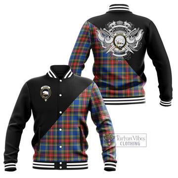 Bethune Tartan Baseball Jacket with Family Crest and Military Logo Style