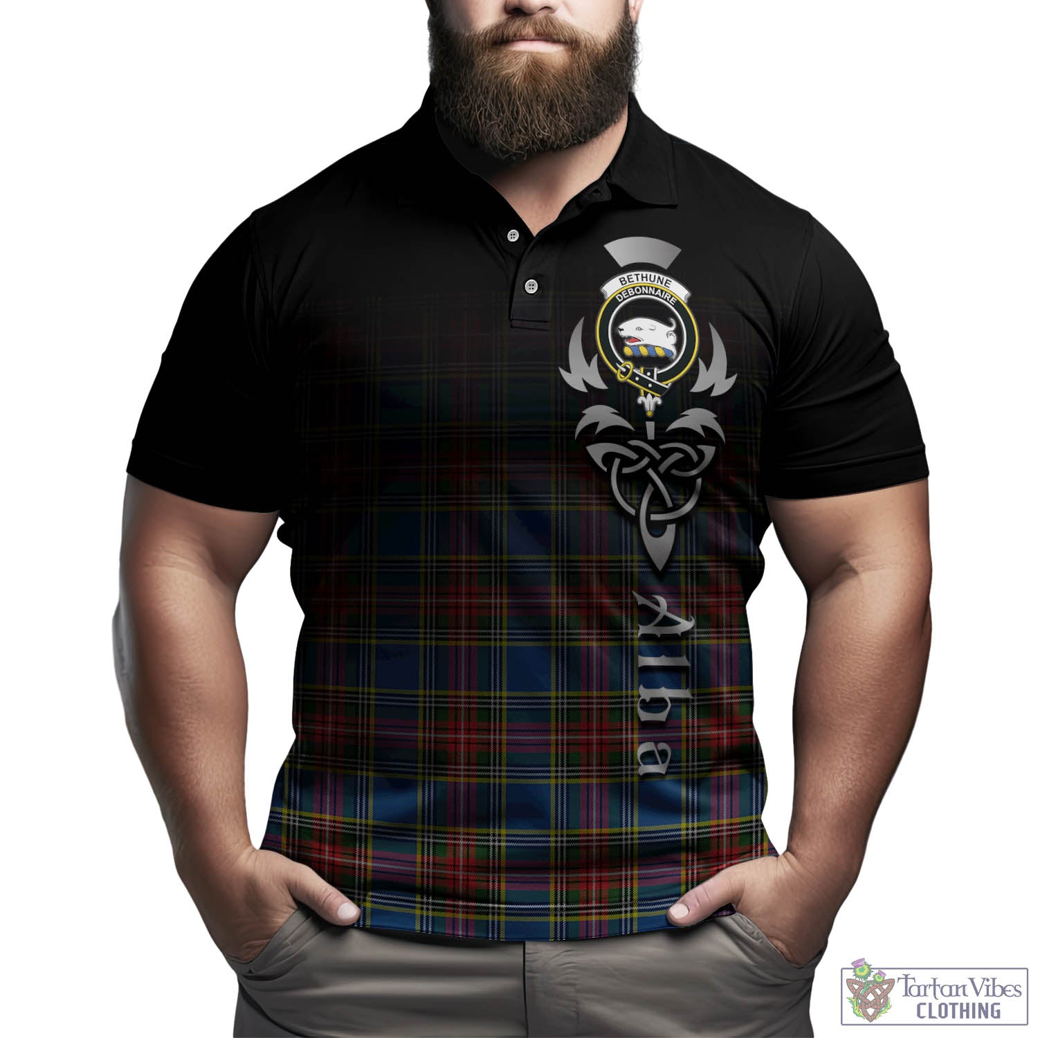 Tartan Vibes Clothing Bethune Tartan Polo Shirt Featuring Alba Gu Brath Family Crest Celtic Inspired