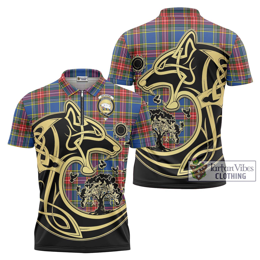 Bethune Tartan Zipper Polo Shirt with Family Crest Celtic Wolf Style Unisex - Tartanvibesclothing Shop