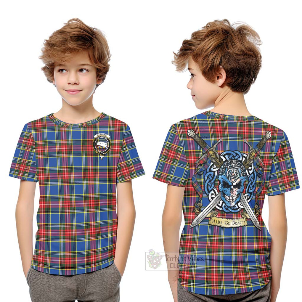 Tartan Vibes Clothing Bethune Tartan Kid T-Shirt with Family Crest Celtic Skull Style