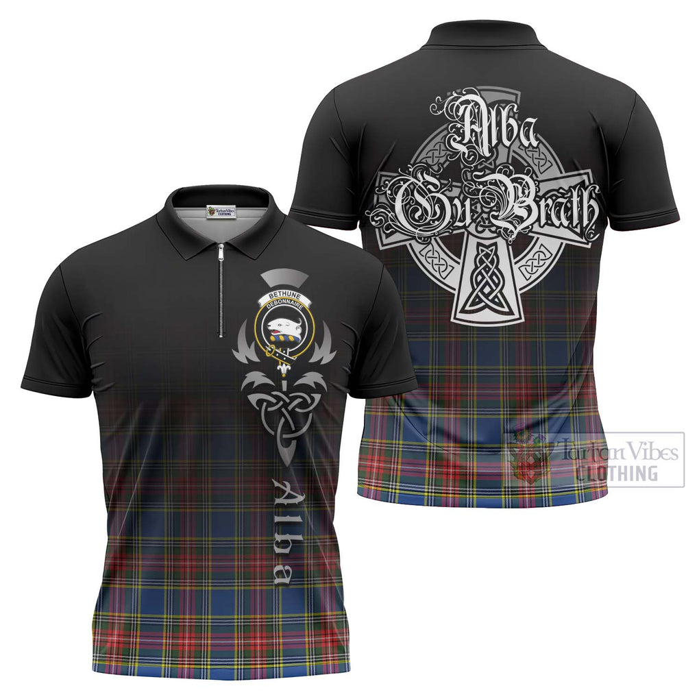 Tartan Vibes Clothing Bethune Tartan Zipper Polo Shirt Featuring Alba Gu Brath Family Crest Celtic Inspired