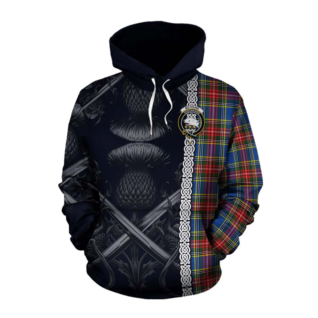 Tartan Vibes Clothing Bethune Tartan Cotton Hoodie with Family Crest Cross Sword Thistle Celtic Vibes