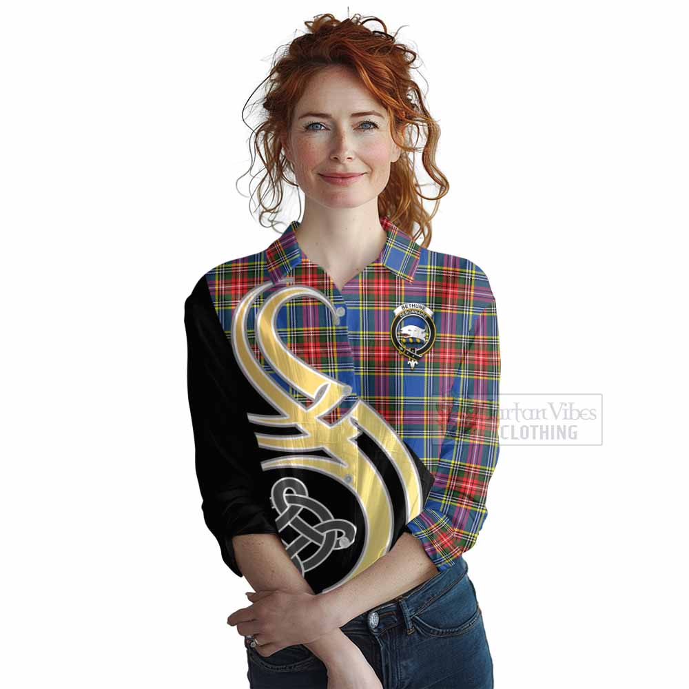 Tartan Vibes Clothing Bethune Tartan Women's Casual Shirt with Family Crest and Celtic Symbol Style