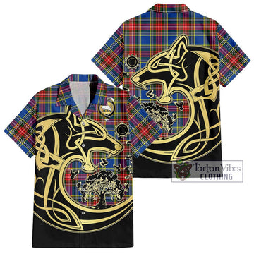 Bethune Tartan Short Sleeve Button Shirt with Family Crest Celtic Wolf Style