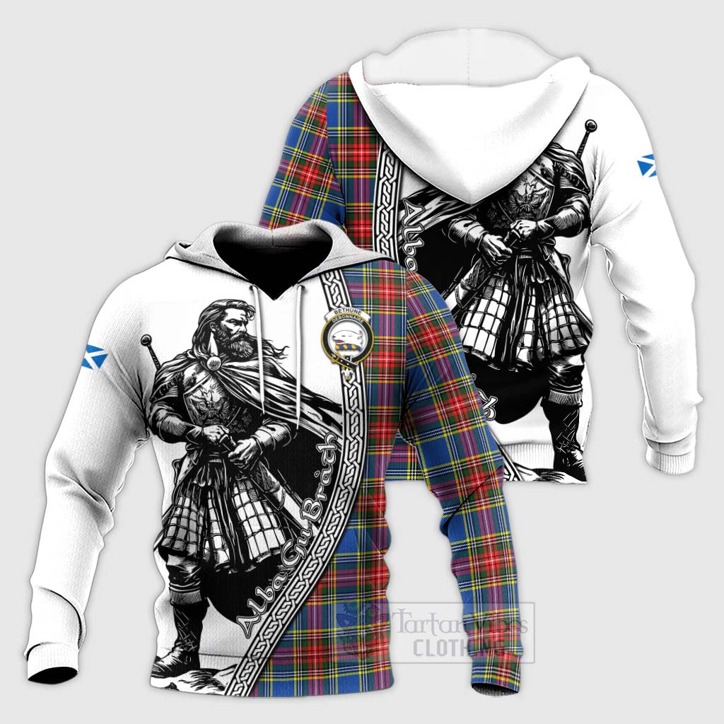 Tartan Vibes Clothing Bethune Tartan Clan Crest Knitted Hoodie with Highlander Warrior Celtic Style