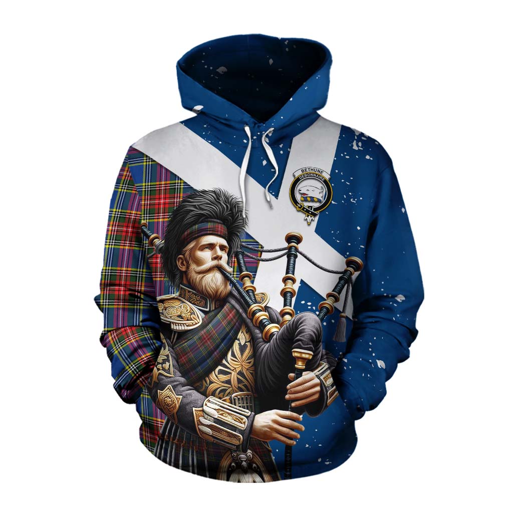 Tartan Vibes Clothing Bethune Tartan Cotton Hoodie with Family Crest Scottish Bagpiper Vibes