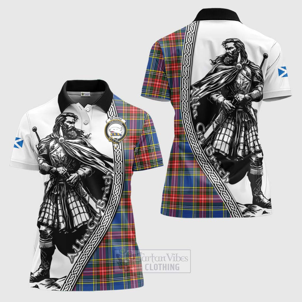 Tartan Vibes Clothing Bethune Tartan Clan Crest Women's Polo Shirt with Highlander Warrior Celtic Style