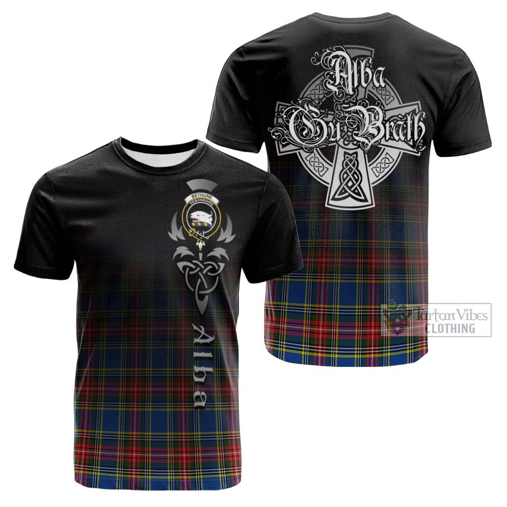 Tartan Vibes Clothing Bethune Tartan Cotton T-shirt Featuring Alba Gu Brath Family Crest Celtic Inspired