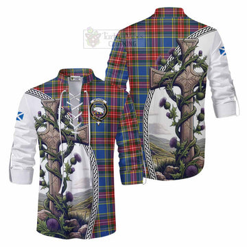 Bethune Tartan Ghillie Kilt Shirt with Family Crest and St. Andrew's Cross Accented by Thistle Vines