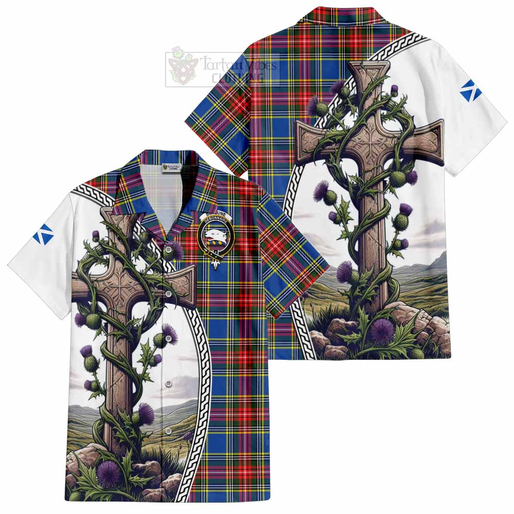 Tartan Vibes Clothing Bethune Tartan Short Sleeve Button Shirt with Family Crest and St. Andrew's Cross Accented by Thistle Vines