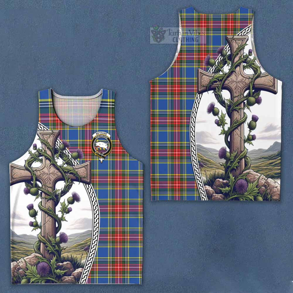 Tartan Vibes Clothing Bethune Tartan Men's Tank Top with Family Crest and St. Andrew's Cross Accented by Thistle Vines